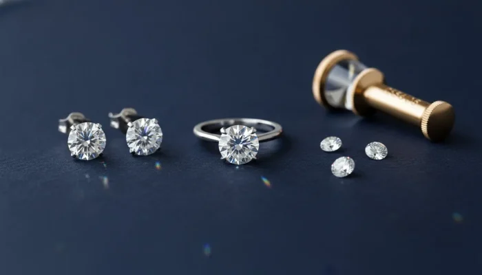 Loose diamonds, a diamond solitaire ring, and diamond studs